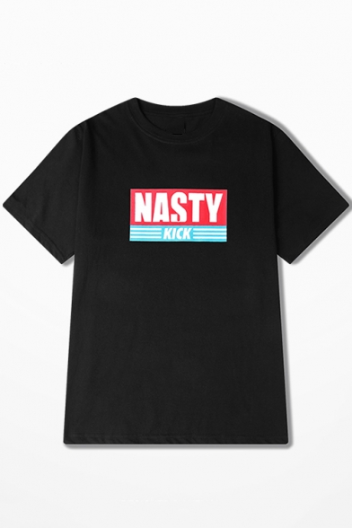 Men's Stylish Cool Letter NASTY KICK Printed Crewneck Casual Cotton T-Shirt