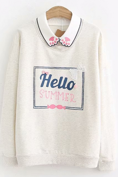 New Arrival Long Sleeve Cat Claw Embroidered Letter HELLO SUMMER Printed Lapel Collar Sweatshirt