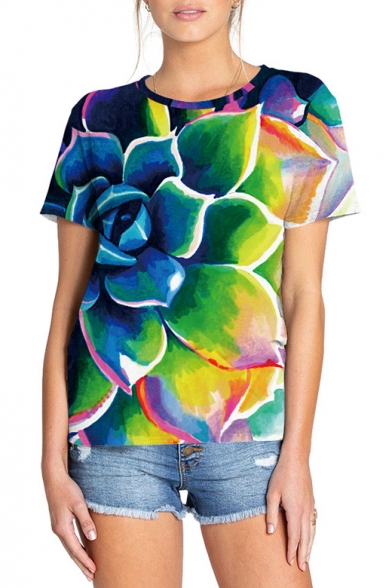 New Fashion 3D Floral Pattern Loose Fit Short Sleeve Blue T-Shirt