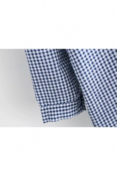 New Fashion Gingham Printed Long Sleeve Button Down Drawstring Hooded Shirt