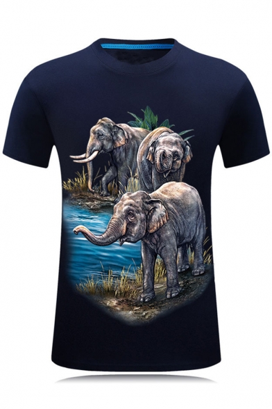 New Stylish 3D Three Elephant Printed Short Sleeve Slim Fitted T-Shirt for Men