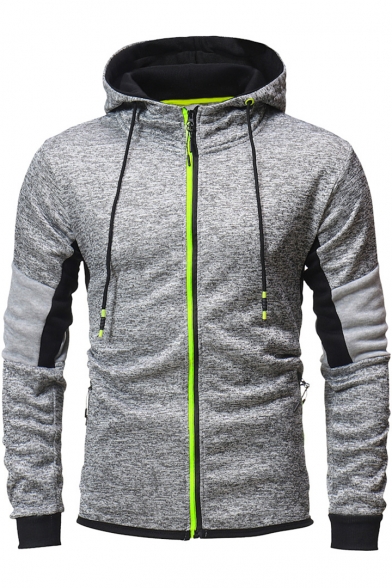 New Stylish Contrast Full Zip Colorblock Patchwork Slim Fitted Heather Grey Drawstring Hoodie