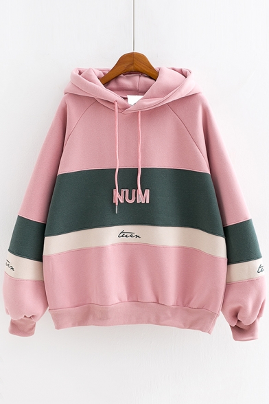 Simple Letter NUM Printed Colorblock Long Sleeve Warm Thick Hoodie for Juniors