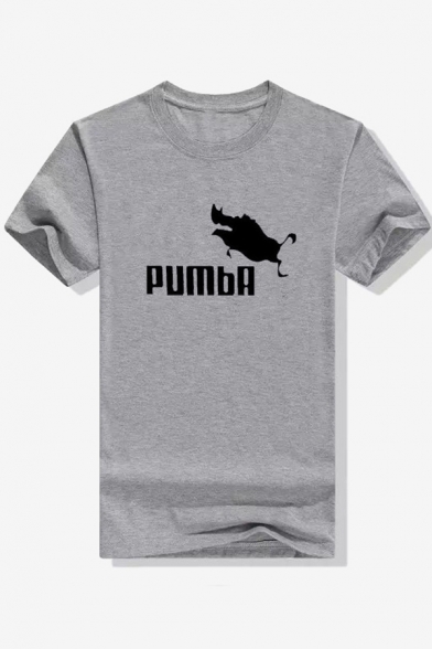 Simple Letter PUMBA Pig Printed Round Neck Sports Casual Graphic Tee for Guys