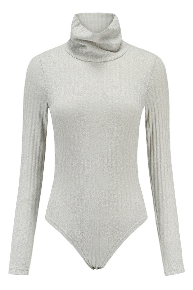 Simple Plain High Neck Long Sleeve Stretch Knit Slim Fit Bodysuit for Women