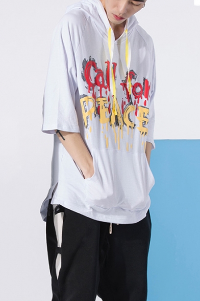 Street Style Letter CALL FOR PEACE Graffiti Print Oversized Drawstring Hooded T-Shirt (Pictures for Reference)