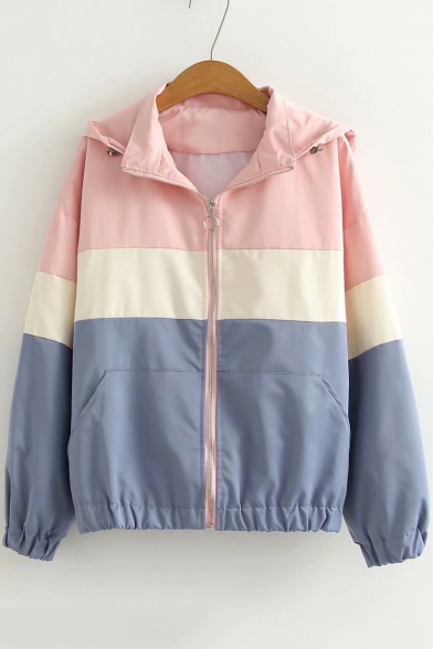 Stylish Colorblock Long Sleeve Hooded Zip Up Sports Track Jacket for Girls