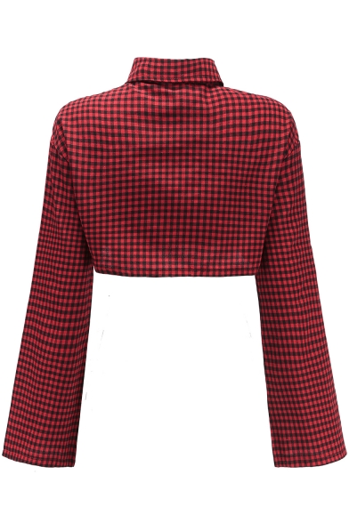 Trendy Classic Plaid Print Big Extra Long Sleeve Lapel Collar Button Front Cropped Shirt