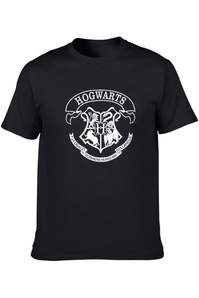 Trendy Letter HOGWARTS Harry University Logo Print Crewneck Short Sleeve Cotton T-Shirt for Guys