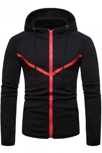 Unique Contrast Chevron Patched Long Sleeve Slim Fitted Zip Up Hoodie for Guys