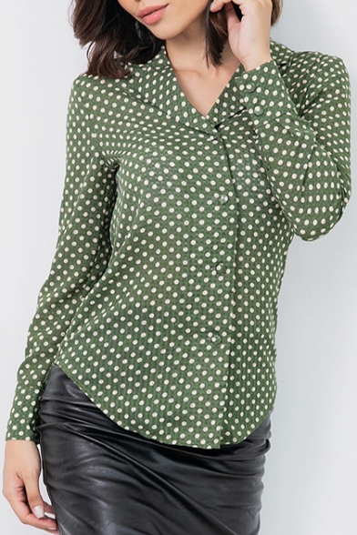 Vintage Green Polka Dot Printed Notched Lapel Collar Long Sleeve Round Hem Casual Button Shirt