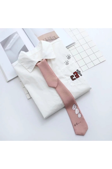 White Letter CAT Embroidered Long Sleeve Lapel Collar Button Down Necktie Shirt