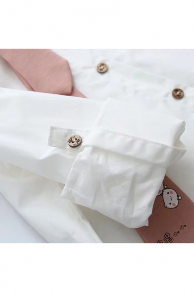 White Letter CAT Embroidered Long Sleeve Lapel Collar Button Down Necktie Shirt