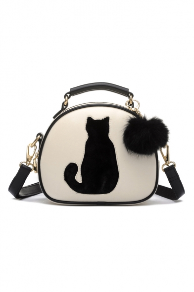 Women's Cute Cartoon Cat Printed Fashion Pom Embellished Crossbody Bag 21*9*18cm