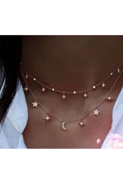 Women's Fashion Chic Moon Star Design Double-Layered Chain Choker Necklace
