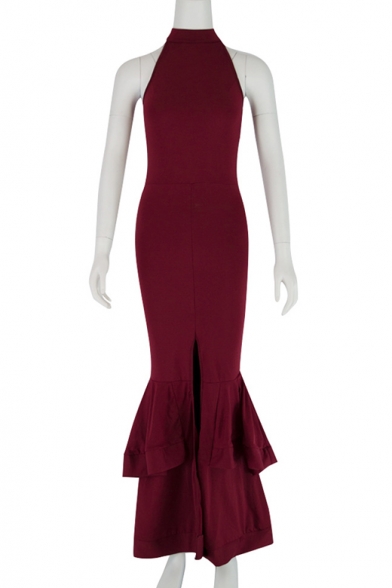 Women's New Trendy Simple Plain Halterneck Zip Back Ruffle Hem Floor Length Bodycon Dress