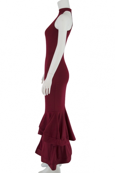 Women's New Trendy Simple Plain Halterneck Zip Back Ruffle Hem Floor Length Bodycon Dress