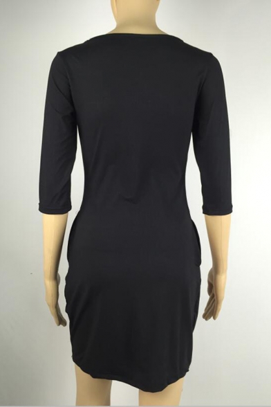 Women's Simple Plain Round Neck Half-Sleeved Mini Sheath Dress with Pocket