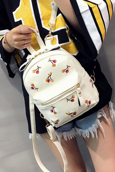 19*12*23cm Chic Cherry Printed Fashion Soft PU Casual Backpack for Girls