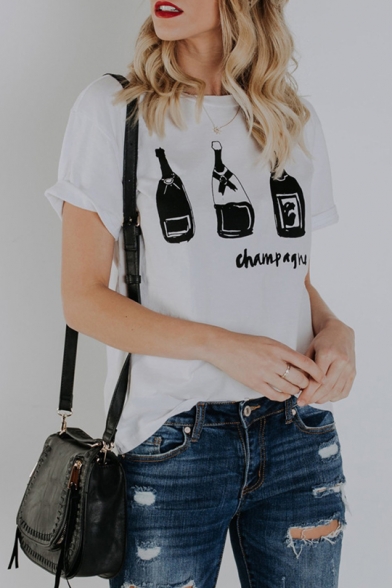 Bottle Letter Printed Short Sleeve Round Neck White Fitted Tee