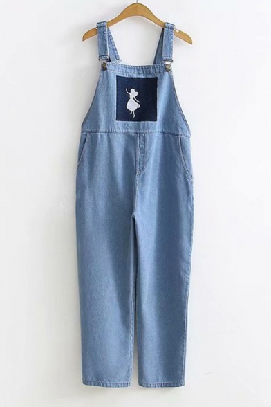 Cartoon Dancing Girl Patched Front Loose Leisure Denim Jumpsuits
