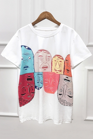 Chic Funny Character Expression Printed Short Sleeve Crewneck White Tee