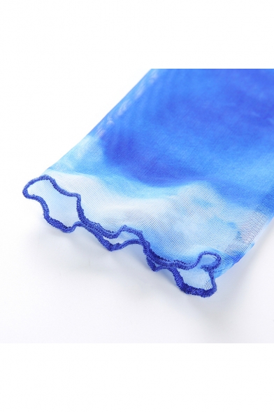 Cloud Printed Long Sleeve Round Neck Blue Slim Tee
