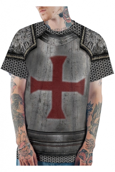 Cool 3D Cross Armour Print Grey Loose Casual T-Shirt