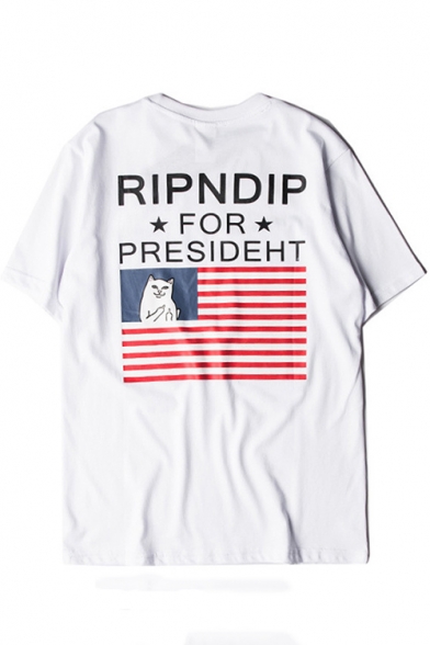 Cool Letter RIPNDIP FOR PRESIDENT Cartoon Cat Flag Print Stylish Loose T-Shirt