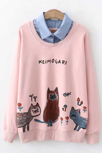 Denim Patched Lapel Collar Long Sleeve Cartoon Cat Letter Print Pullover Sweatshirt