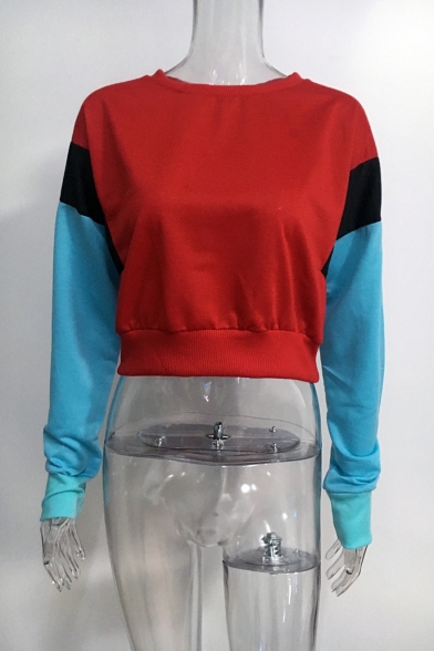 Fashion Sports Round Neck Long Sleeve Chic Color Block Cropped Casual Sweatshirt