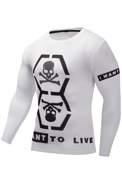 Fashionable Skull Print Round Neck Long Sleeve Quick Drying White Training Athletic T-Shirt for Men
