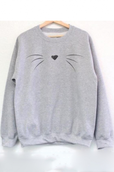 Funny Cat Printed Long Sleeve Round Neck Gray Pullover Sweatshirt