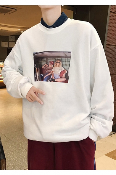 Guys Casual Loose Crew Neck Long Sleeve Figure Printed Oversized Pullover Sweatshirt