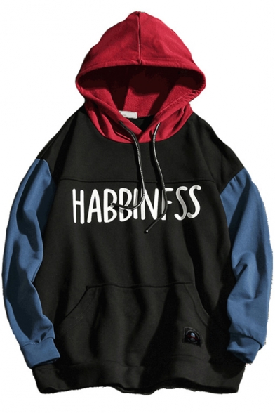Guys Street Style Cool Letter HABBINFSS Print Colorblock Loose Oversize Hoodie