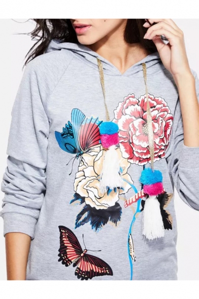 Hot Popular Butterfly Floral Printed Long Sleeve Loose Fitted Drawstring Light Hoodie