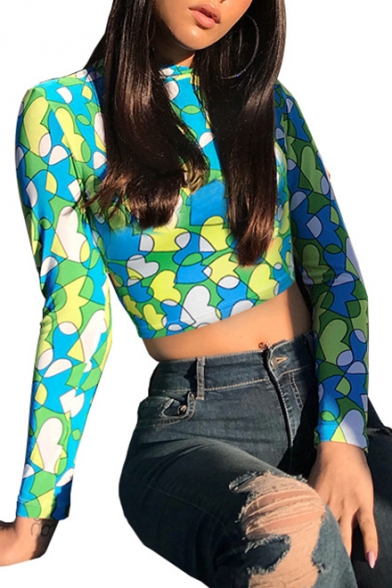 Hot Sexy Long Sleeve Round Neck All Over Floral Printed Sheer Cropped T-Shirt