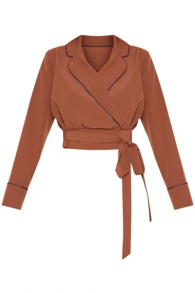 Ladies Chic Contrast Piping Notched Lapel Collar Bow-Tied Waist Cropped Brown Blouse