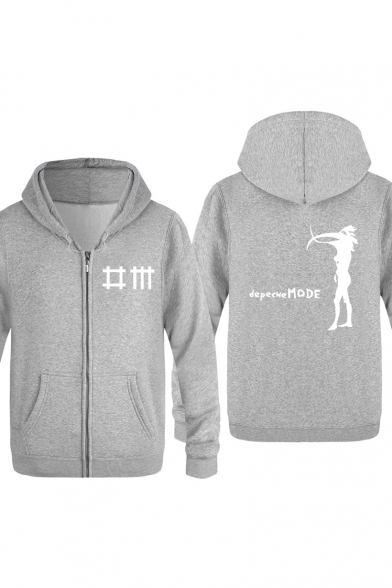 Letter DEPECHE MODE Abstract Figure Print Back Long Sleeve Zip Up Thick Hoodie