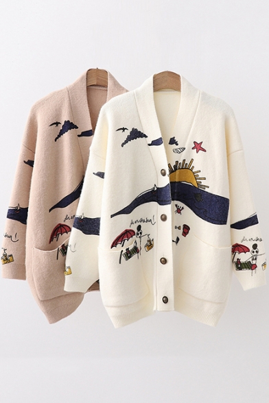 Lovely Cartoon Printed Long Sleeve Button Front Loose Cozy Cardigan for Women
