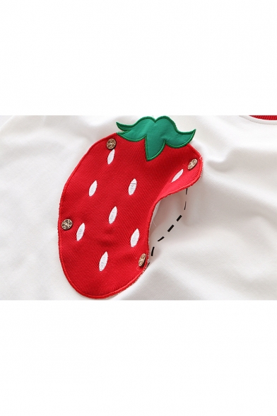 Lovely Japanese Character Fruit Applique Contrast Collar Long Sleeve Loose Fit T-Shirt