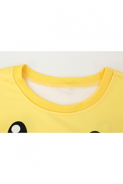 Lovely Yellow Cartoon Printed Round Neck Long Sleeve Pullover Cropped Sweatshirt