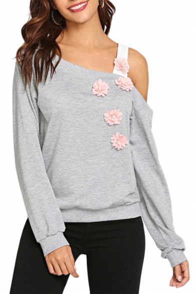 Pink Flower Embellished One Shoulder Long Sleeve Gray Sweatshirt