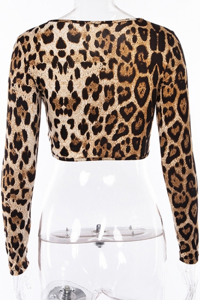 Popular Brown Leopard Printed Round Neck Long Sleeve Zip Front Cropped Slim T-Shirt