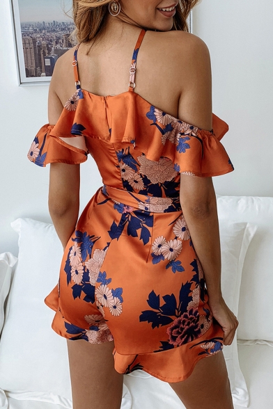 Retro Floral Printed Halter Neck Ruffled Hem Bow-Tied Waist Rompers for Women