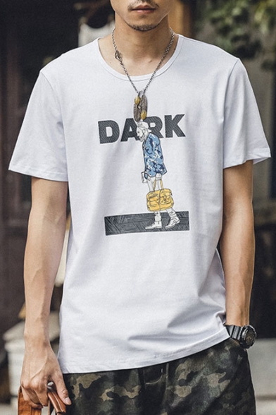 Retro Letter DARK Comic Character Print White Short Sleeve Casual T-Shirt