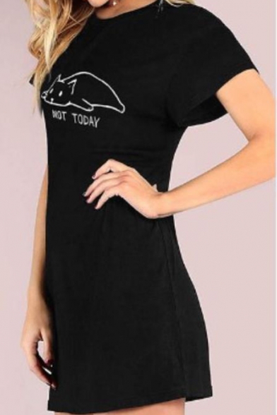 Round Neck Short Sleeve Cartoon Cat Letter NOT TODAY Printed Mini Black Sheath T-Shirt Dress