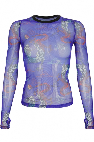 Sexy Round Neck Long Sleeve Dragon Printed Sheer Blue Tee