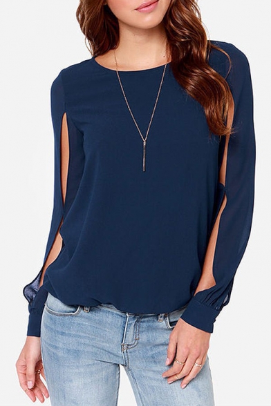 Stylish Cut Out Long Sleeve Round Neck Solid Color Chiffon Blouse