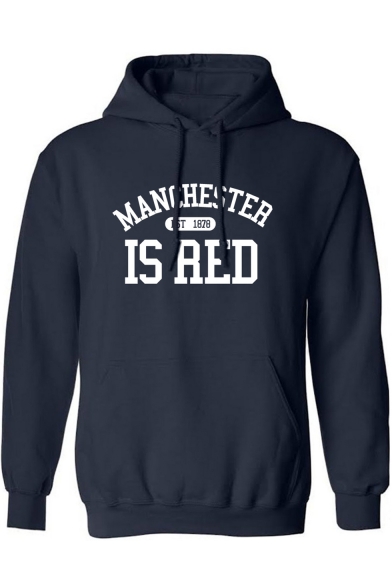 Stylish Letter MANCHESTER IS RED Printed Long Sleeve Kangaroo Pocket Boxy Hoodie